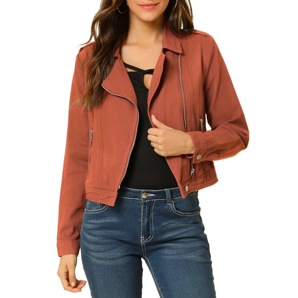 Chaqueta de mezclilla moto de mujer Allegra K con solapa muesca, mangas largas y cierre asimétrico en rojo ladrillo