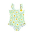 thumbnail image 2 of Xfvqtps Infant Toddler Child Girls One Piece Swimsuit Ruffle Shoulder Strap Hemt Flower Print Cute Sweet Sun Protection Beach Bathing Suits Swimwear for 2-6 Years Mint Green, 2 of 7