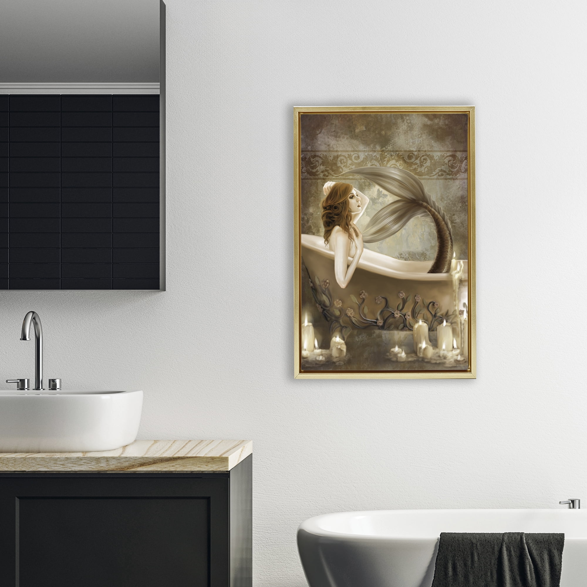Stupell Industries Sepia Bath Time Mermaid Gold Framed Floater Canvas Wall Art, design by Selina Fenech