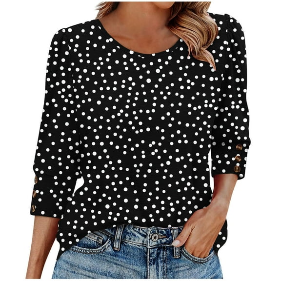Dasayo Summer Tops for Women Black 3/4 Sleeve Buttons Polka Dot Crewneck T-Shirt Sweatshirts for Women Trendy L