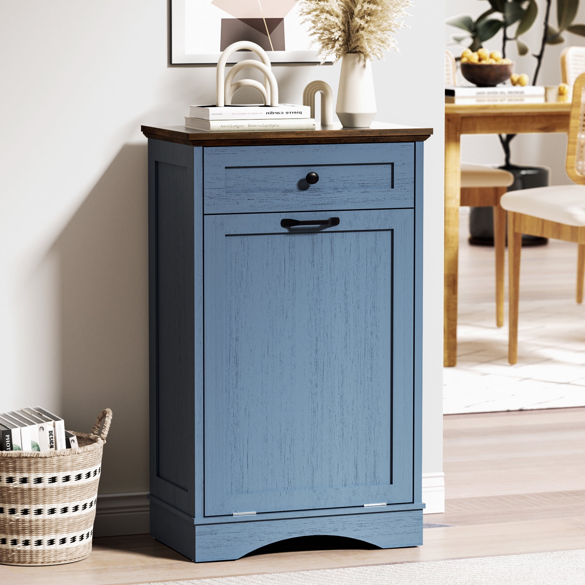 AHB 13 Gallon Tilt Out Kitchen Trash Cabinet with Drawer, Single Trash Can Storage Organizer, 20.9"L x 13.55"W x 38.5"H , Blue
