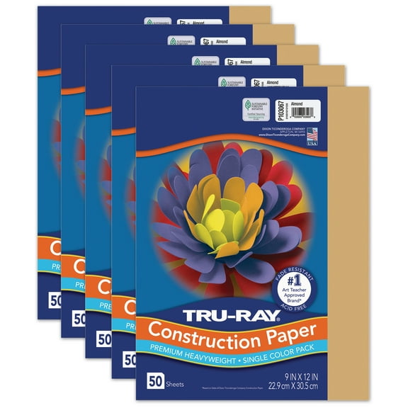 Tru-Ray Construction Paper, Heavyweight, Almond, 9" x 12", 50 Sheets Per Pack, 5 Packs