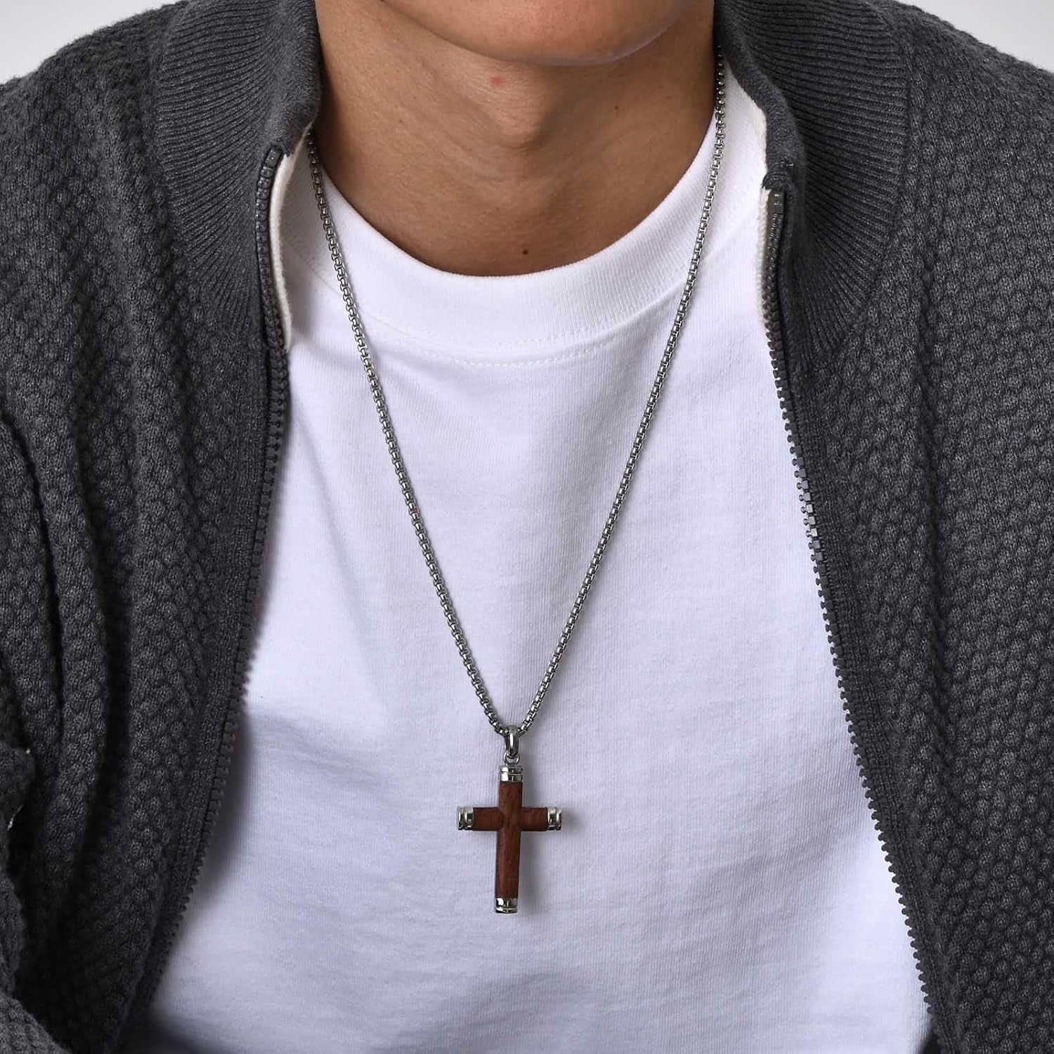 Wollet Wooden Cross Necklace Pendant for Men- Stainless Steel Chain, Mens Wood Jewelry Christian Baptism Crucifix Pendant