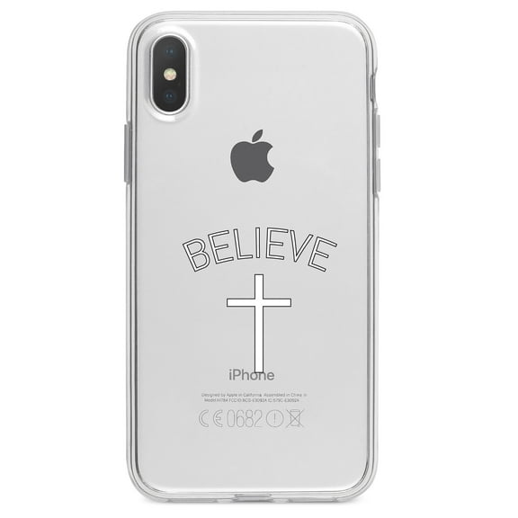 DistinctInk Clear Shockproof Hybrid Case for iPhone XR (6.1" Screen) - TPU Bumper Acrylic Back Tempered Glass Screen Protector - BELIEVE - Cross, Jesus
