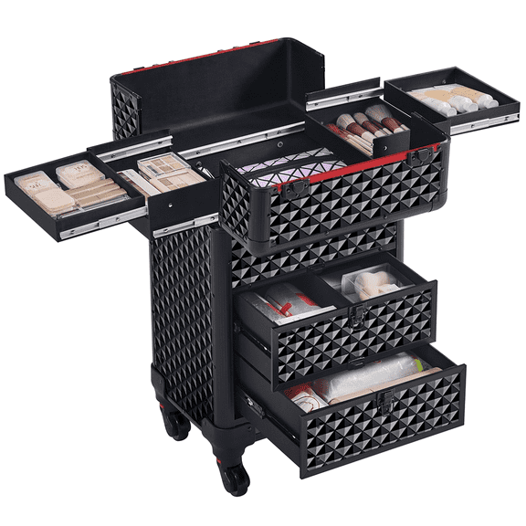 Alden Design Professional Rolling Makeup Train Case Large Locks Cosmetic Trolley Black