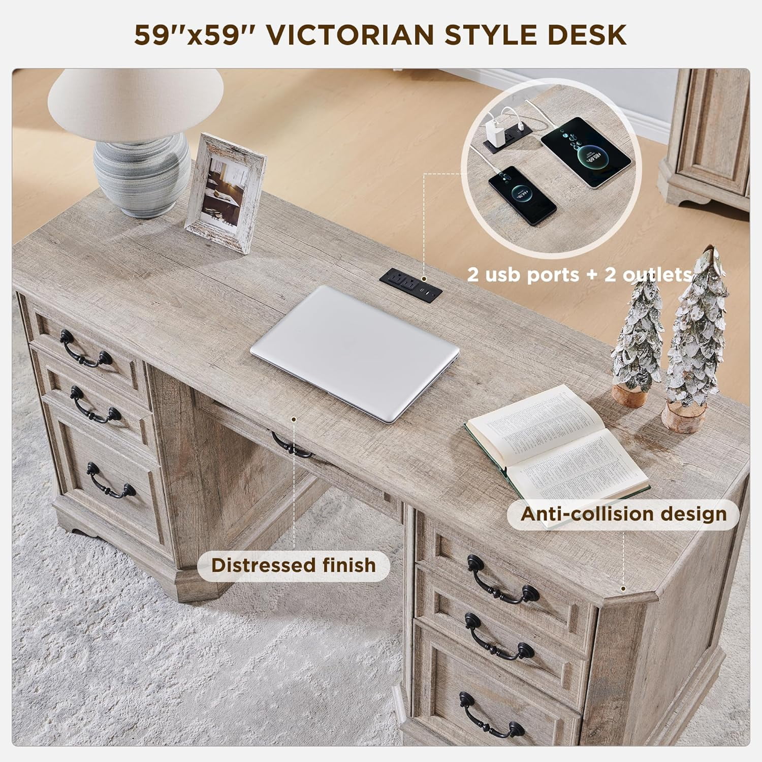 OKD 59" Farmhouse Office Desk，Rustic Desk - Engineered Wood，Corner Desk Charging Station，File drawer，For Study & Living Room Use