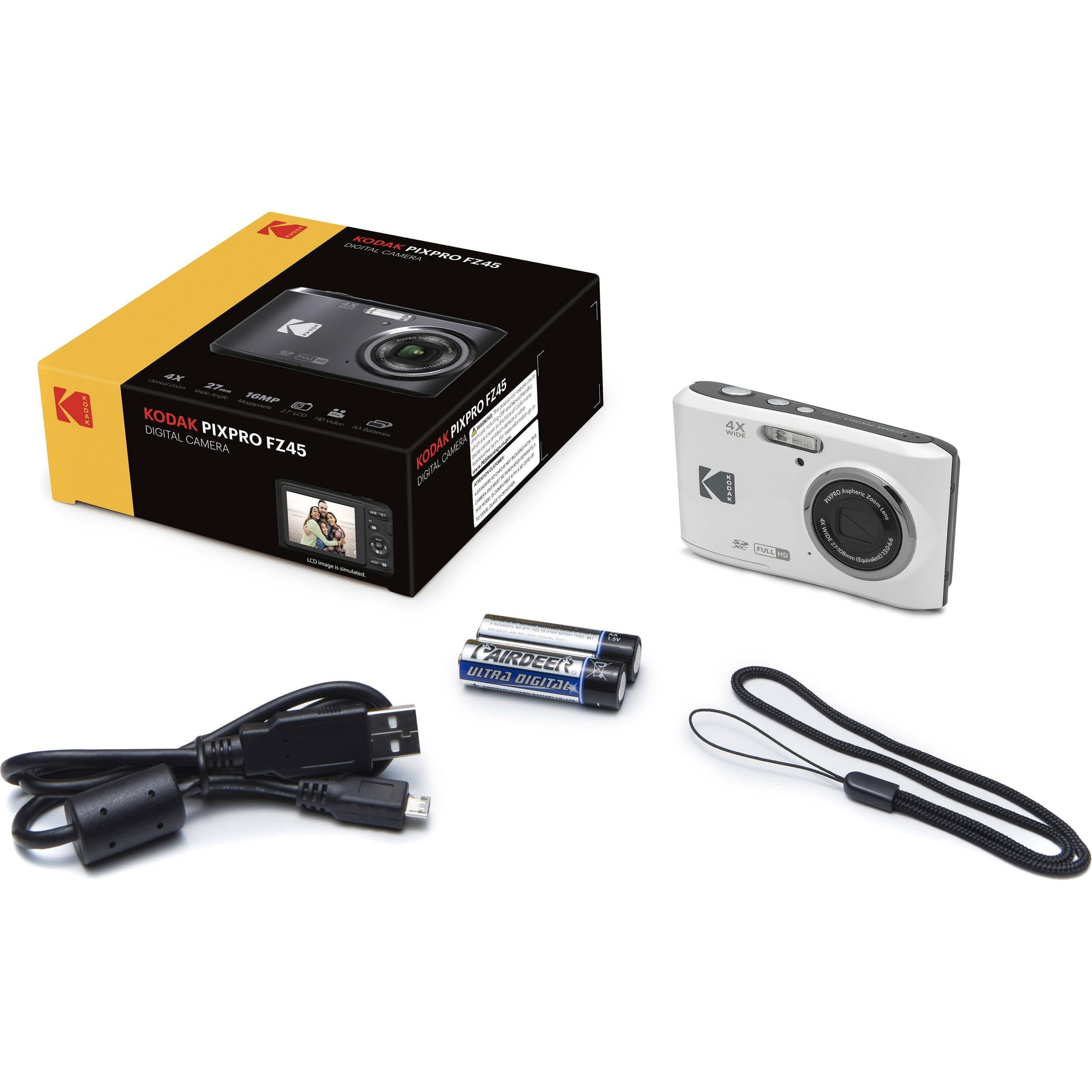Kodak PIXPRO FZ45 16MP Digital Camera 4X Optical Zoom 27mm Wide Angle 1080P Full HD Video 2.7" LCD Camera White + 64GB Card and Reader + Memory Wallet Bundle