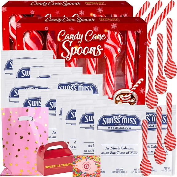 Hot Cocoa Gift Set with Marshmallows & Peppermint Candy Cane Spoons – 12 Hot Chocolate Packets 12 Peppermint Spoons – Muchai Treat Bag Box Included