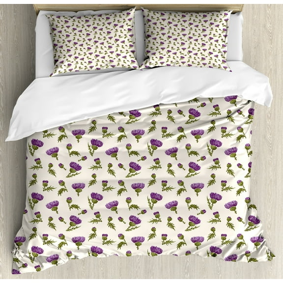 Purple and Yellow Duvet Cover Set, Thistle Inflorescences Blossoming Wild Flowers Demonstration, Decorative 3 Piece Bedding Set with 2 Pillow Shams, King Size, Ivory Violet Fern Green, by Ambesonne