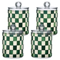 Yayeee 4 Pack Qtip Holder Bathroom Cotton Swab Canister with Lid Clear Dispenser Set, Green and White Plaid Pattern