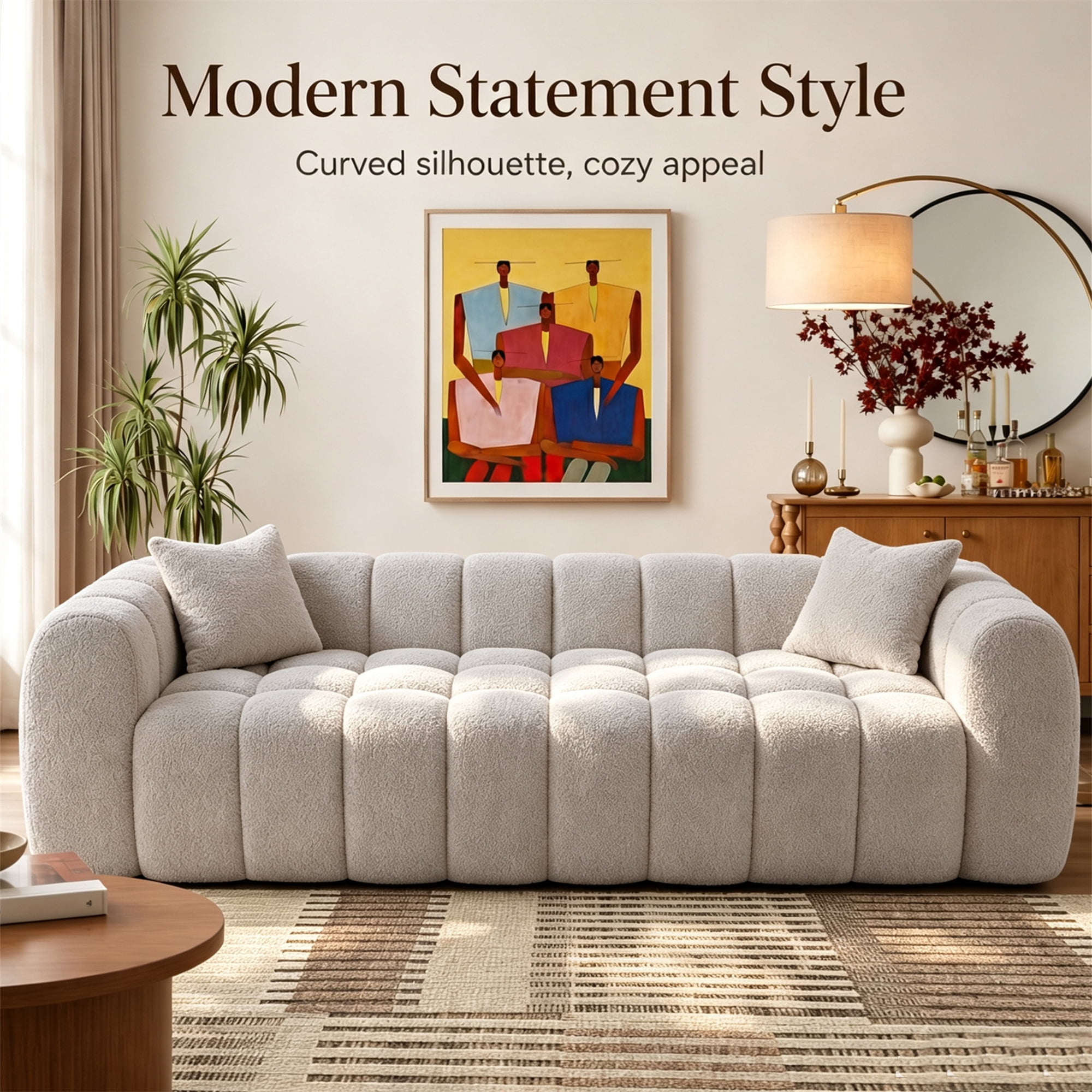 Aukfa 103" Oversized Boucle Cloud Sofa Deep Seat Boneless Couch with Square Tufted for Living Room, 2Pillows, Camel