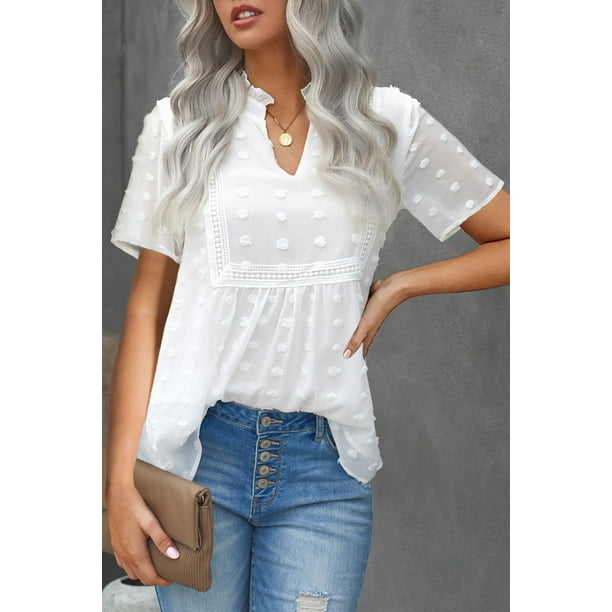 Women s White Swiss Dot Short Sleeve Flowy Top Walmart