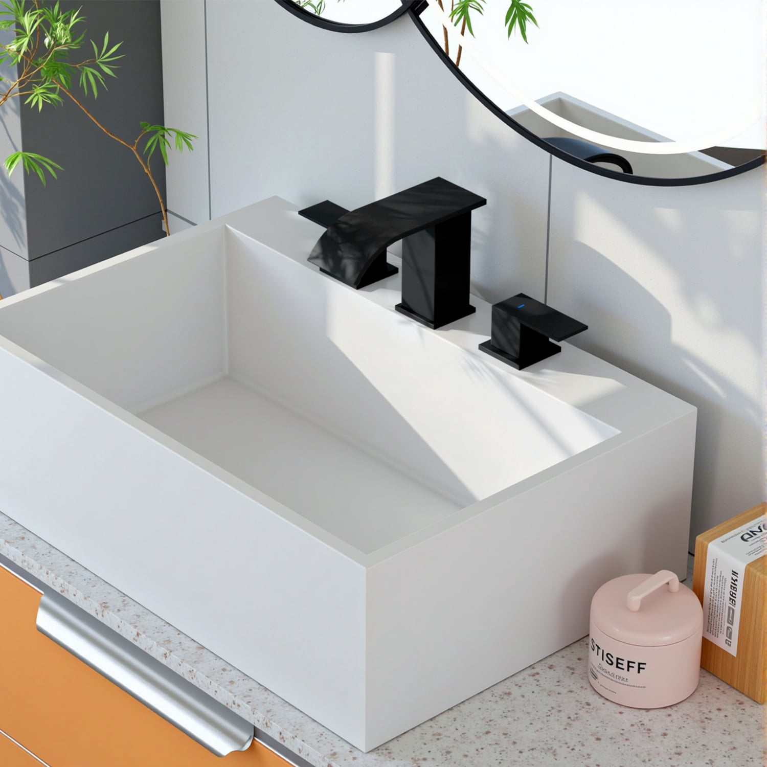 Curve Waterfall 8 in. Widespread 2-Handle Bathroom Faucet, 3-Hole Sink Faucet with Pop-Up Drain, Matte Black