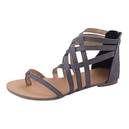 Miluxas Womens Sandals Clearance Deals Ladies Flat Sandals Zipper Open Toe Slippers Roman Shoes Summer Beach Sandals Gray 6.5(38)
