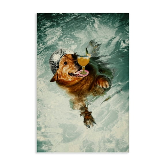 Stupell Industries Disco Dog in Pool Novelty & Humor Painting Wrapped Canvas Art Print Wall Art, 16 x 24