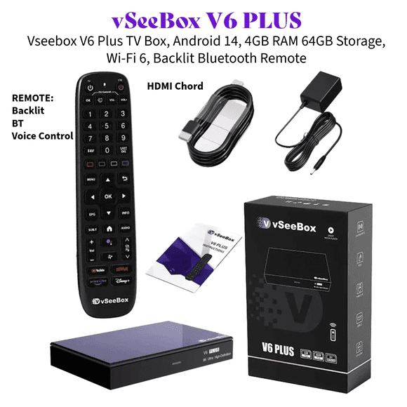 Vseebox V6 Plus with Version Voice Control, 8K HDMI, Android 14, 4GB RAM, 64GB Storage WiFi 6