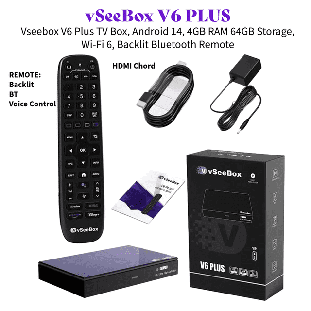 Vseebox V6 Plus with Version Voice Control, 8K HDMI, Android 14, 4GB RAM, 64GB Storage WiFi 6