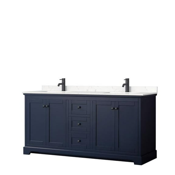 0.75 x 72 x 22 in. Avery Double Bathroom Vanity with Light-Vein Carrara Cultured Marble Countertop, Undermount Square Sink & Matte Black Trim, Dark Blue