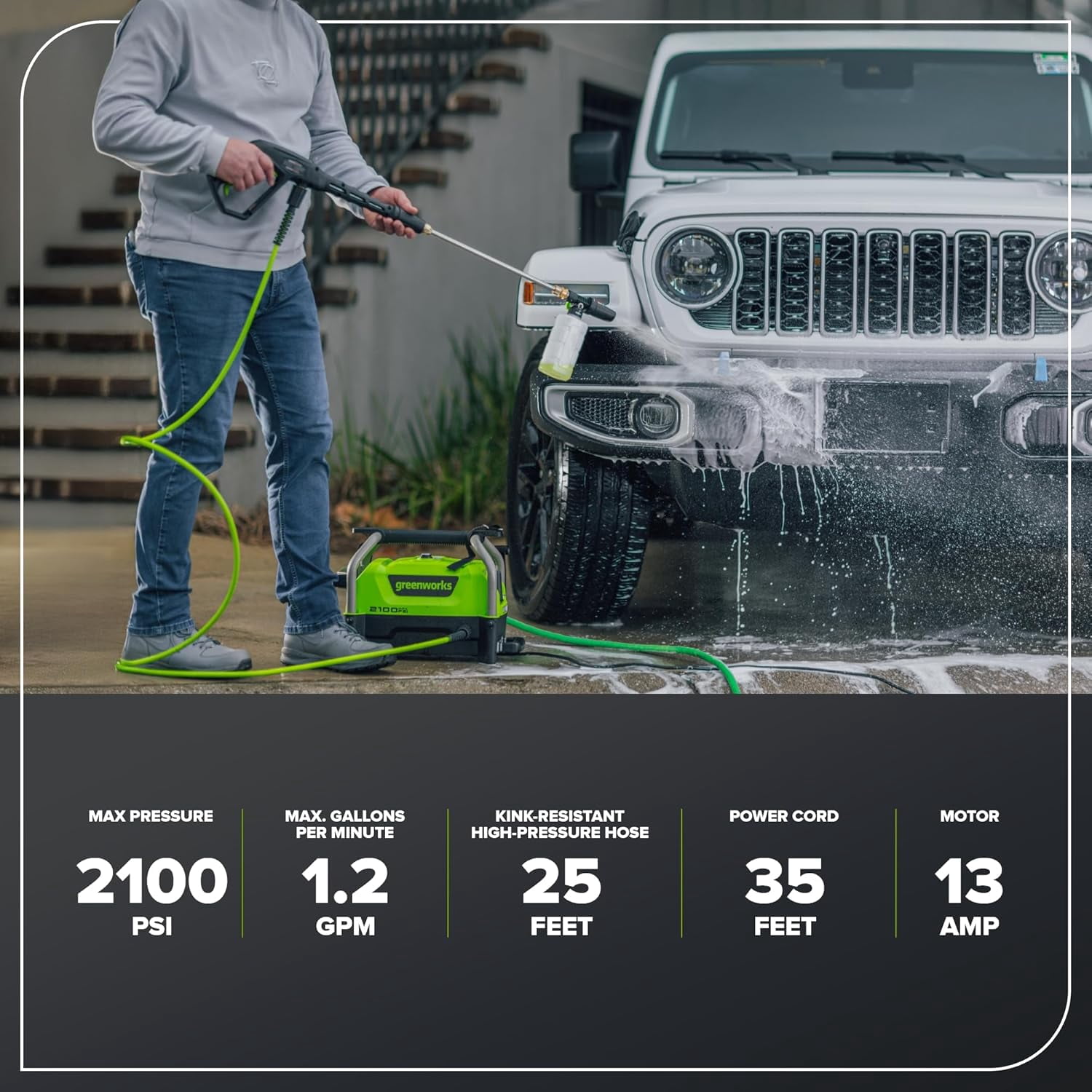 Greenworks 2100 PSI Portable Pressure Washer with Wheels + Telescoping Handle, 1.2 GPM