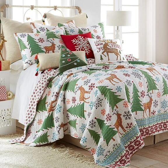 Levtex Home - Tinsel Quilt Set - King Quilt Two King Pillow Shams - Folk Christmas Reindeer - Quilt Size (106x92in.) and Pillow Sham Size (36x20in. ) - Reversible