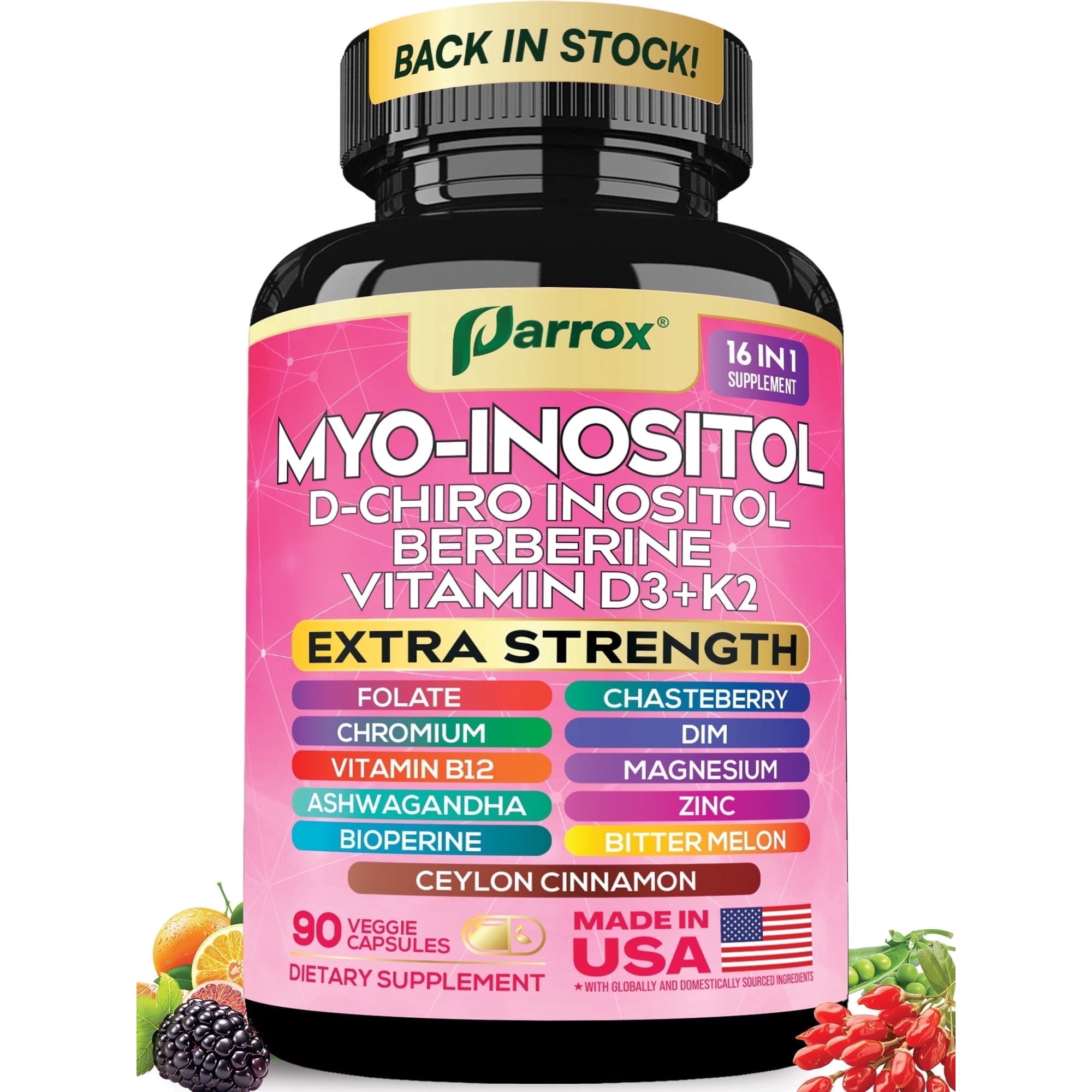 Parrox Myo-Inositol Supplement 750mg, Berberine, D-Chiro Inositol, Folate, Chromium, Vitamin D3, DIM, Chasteberry, Ashwagandha, Ceylon Cinnamon, Vitamin K2, Zinc, Magnesium, Bioperine, B12, 90 Caps