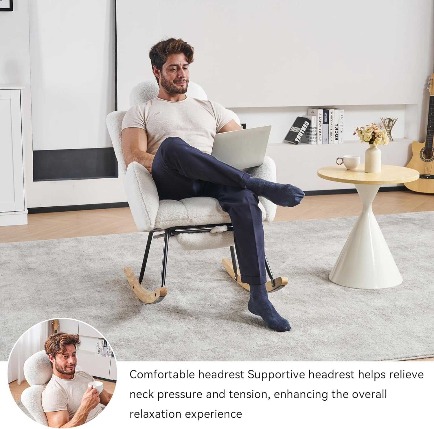Rocking Chair Nursery Teddy Upholstered Glider Rocker High Backrest Nursery Rocker Comfortable Armchair