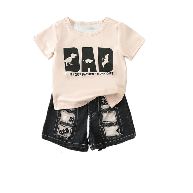 Sunnyoo Infant Boys Outfits Dinosaur Print Short Sleeve T Shirt Ripped Denim Shorts Set