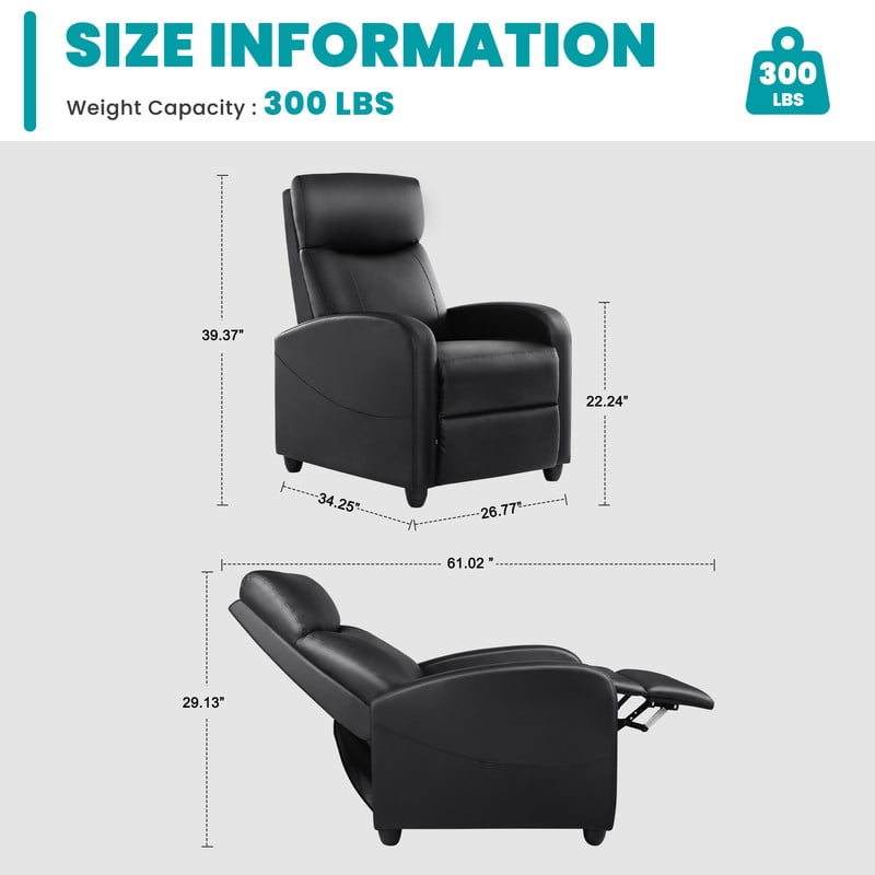 Gianna Recliner Chair No Massage, Home Theater Seating with Lumbar Support, Adjustable Push Back Overstuffed High-Density Sponge Reclining for Living Room, Black