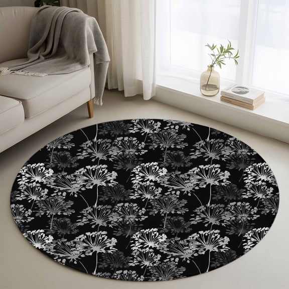 Round Area Rug 3.3 Ft, Vintage Floral Washable Non-Slip Circle Carpet for Living Room/Bedroom, Black Dandelion Plants Country Botanical Low-Profile Small Kitchen Mats Collection Rugs for Indoor