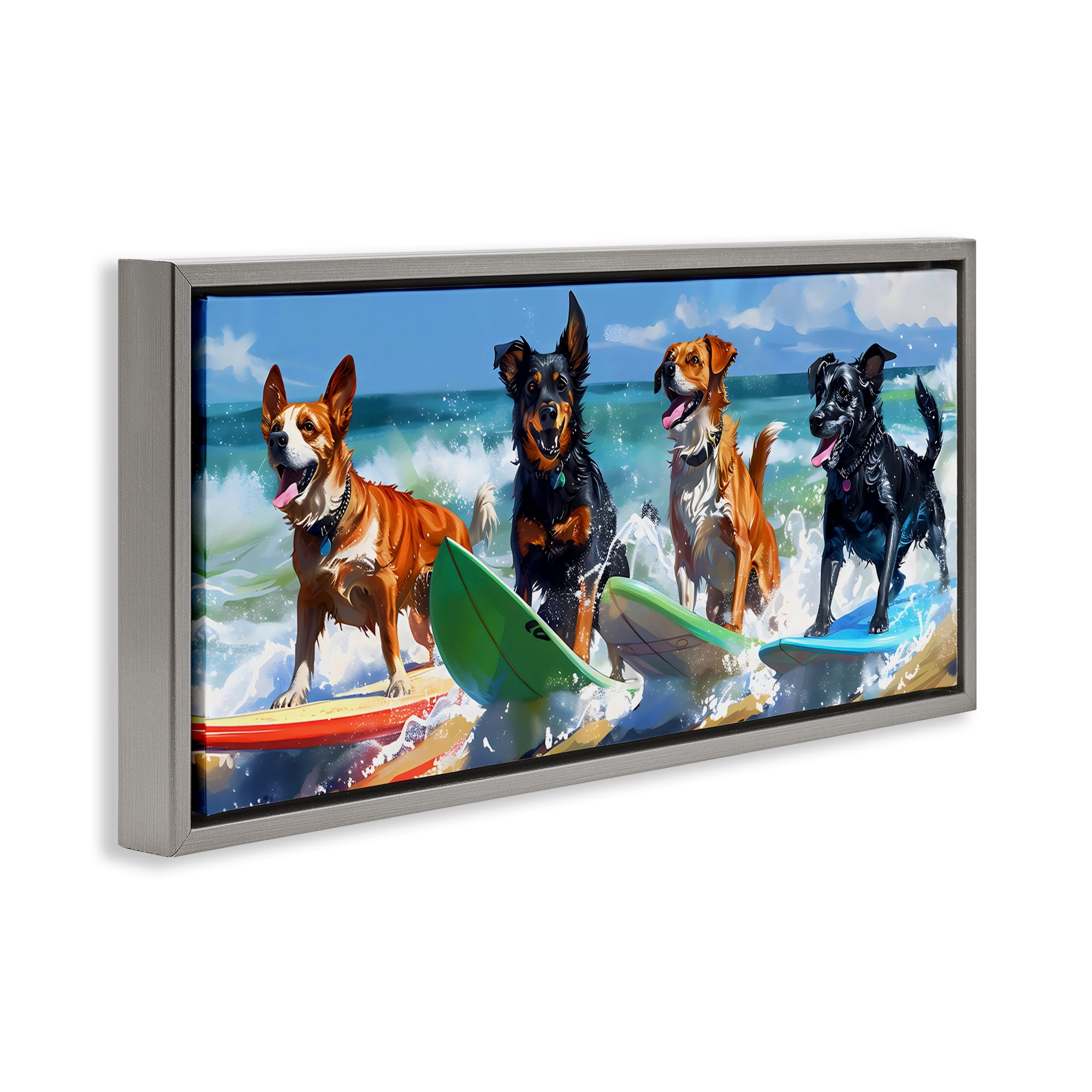 Stupell Industries Dogs on Surfboards Summer Fun Gray Framed Floater Canvas Wall Art, design by Creative Studio