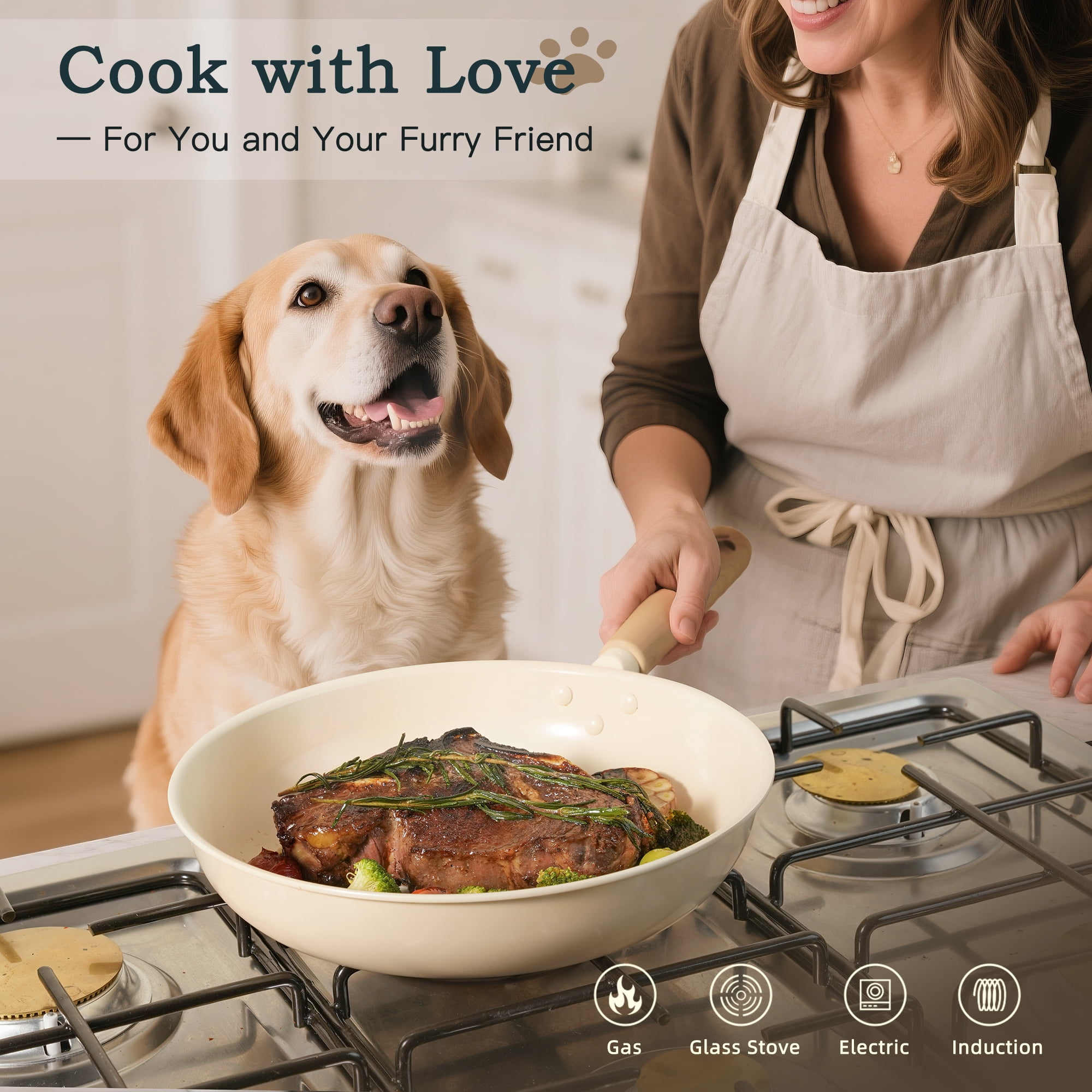 Astercook 17-Piece Ceramic Cookware Set with Dog Paw Wooden Handles, Nonstick Pots and Pans Set for Home & Camping, Induction Compatible and Dishwasher Safe, Perfect Gift for Pet Lovers & Families