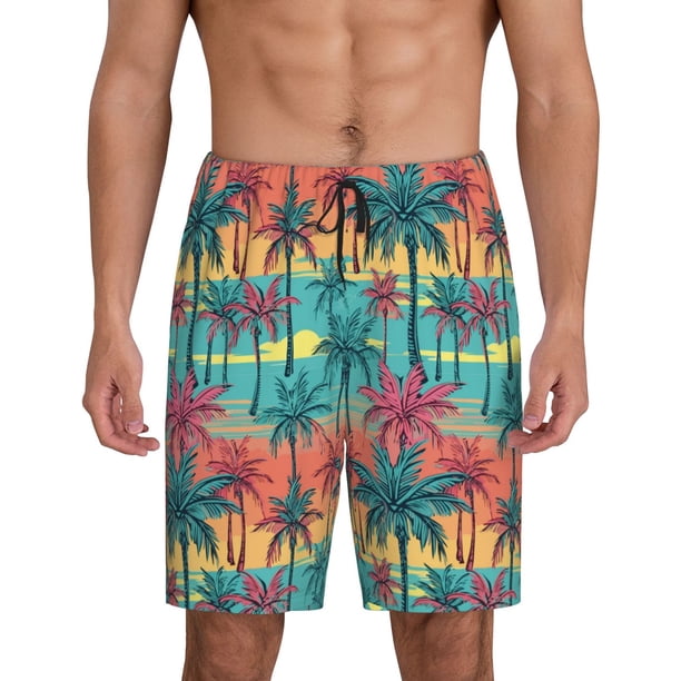 Balery Hawaii Palms Pantalones cortos de pijama de punto de algodón para hombre con cinturilla y bolsillos-Medium