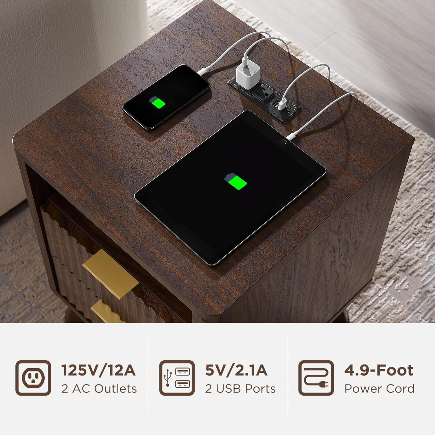 OKD Mid-Century Modern Nightstand with Charging Station, Wood End Table Side Table for Living Room, Fluted Panel, Dark Walnut