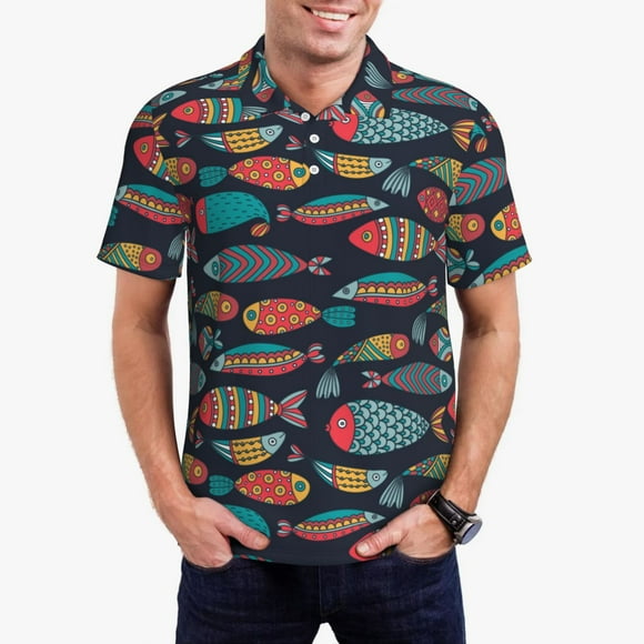 Balery Colorful Fish Camisa Polo de Hombre con Estampado, de Manga Corta y Tejido Medio, Camisa Tipo Golf Polo-Small