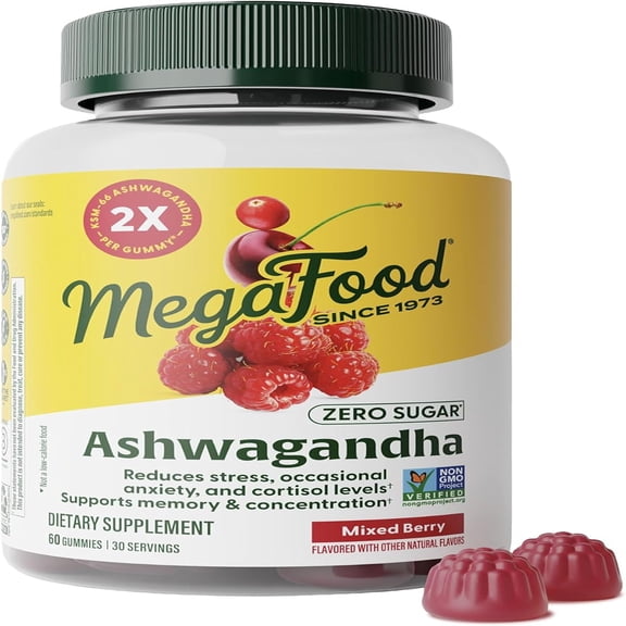 MegaFood Ashwagandha Gummies, Zero Sugar & Mixed Berry Flavor, KSM 66 Ashwagandha - 60ct
