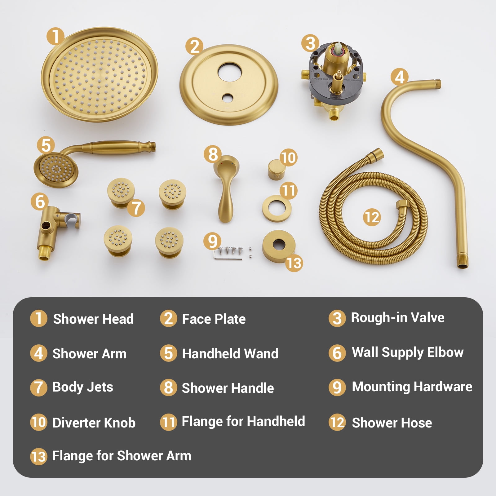 Brushed-Gold Antique Shower System with Jets: 9 inch Rain Faucet Sets Complete Wall Rainfall Head and Handheld Spray Fixtures Combo, 3 Way Diverter Brass Rough in Valve Trim Kit