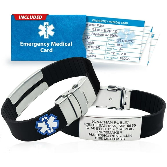 Universal Medical Data SPORT Waterproof Silicone and Stainless Steel Medical ID Bracelet with Emergency Medical Card, Black