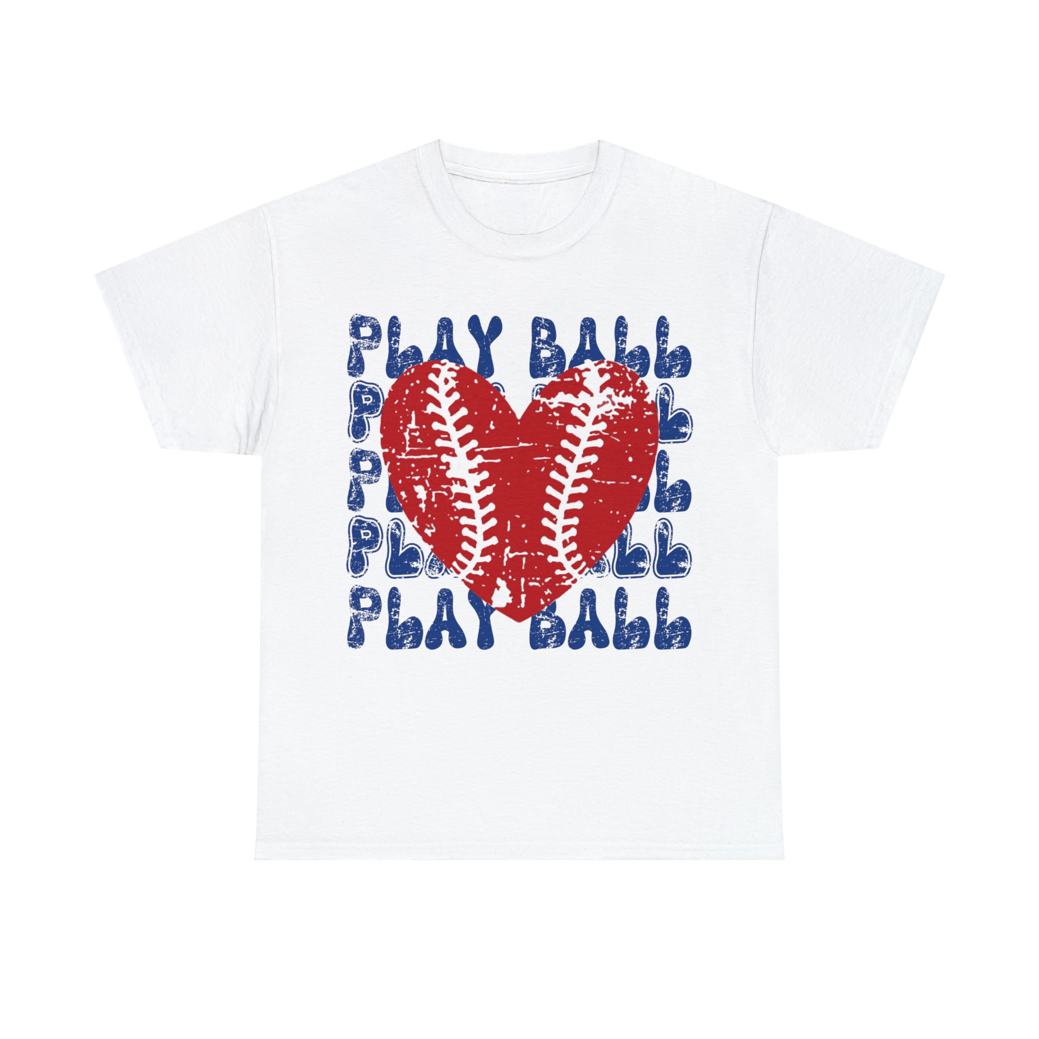 Vintage Play Ball Retro Heart Baseball T-Shirt Women's Unisex Graphic Tee White 2XL