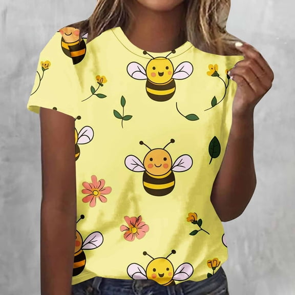 HOMBOM T Shirts for Women Graphic Tees Summer Floral Yellow Soft Short Sleeve Young Womans Tops