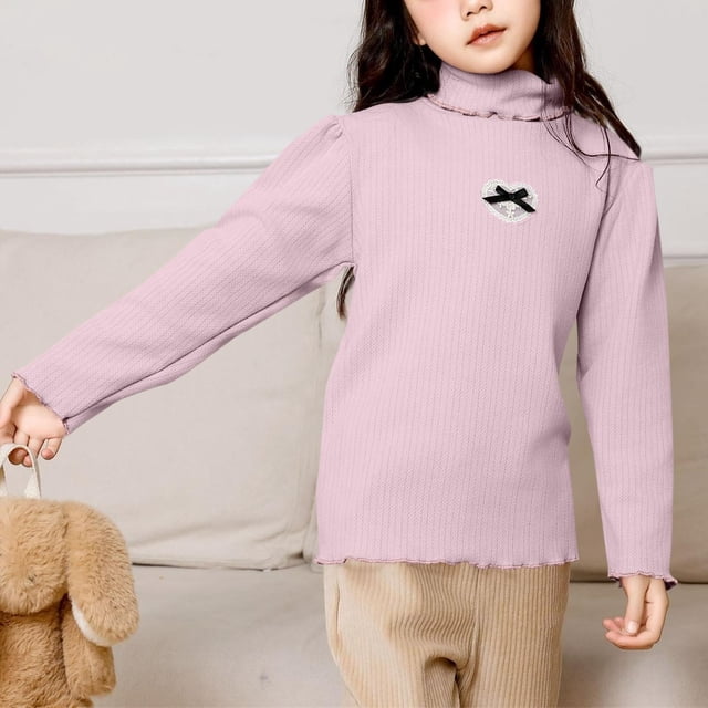 Cowsor Toddler Baby Ribbed Knit Cotton Solid Turtleneck Tops Ruffles Long Sleeve Mock Neck Shirts Soft Slim Fit Teen Girls Sweater