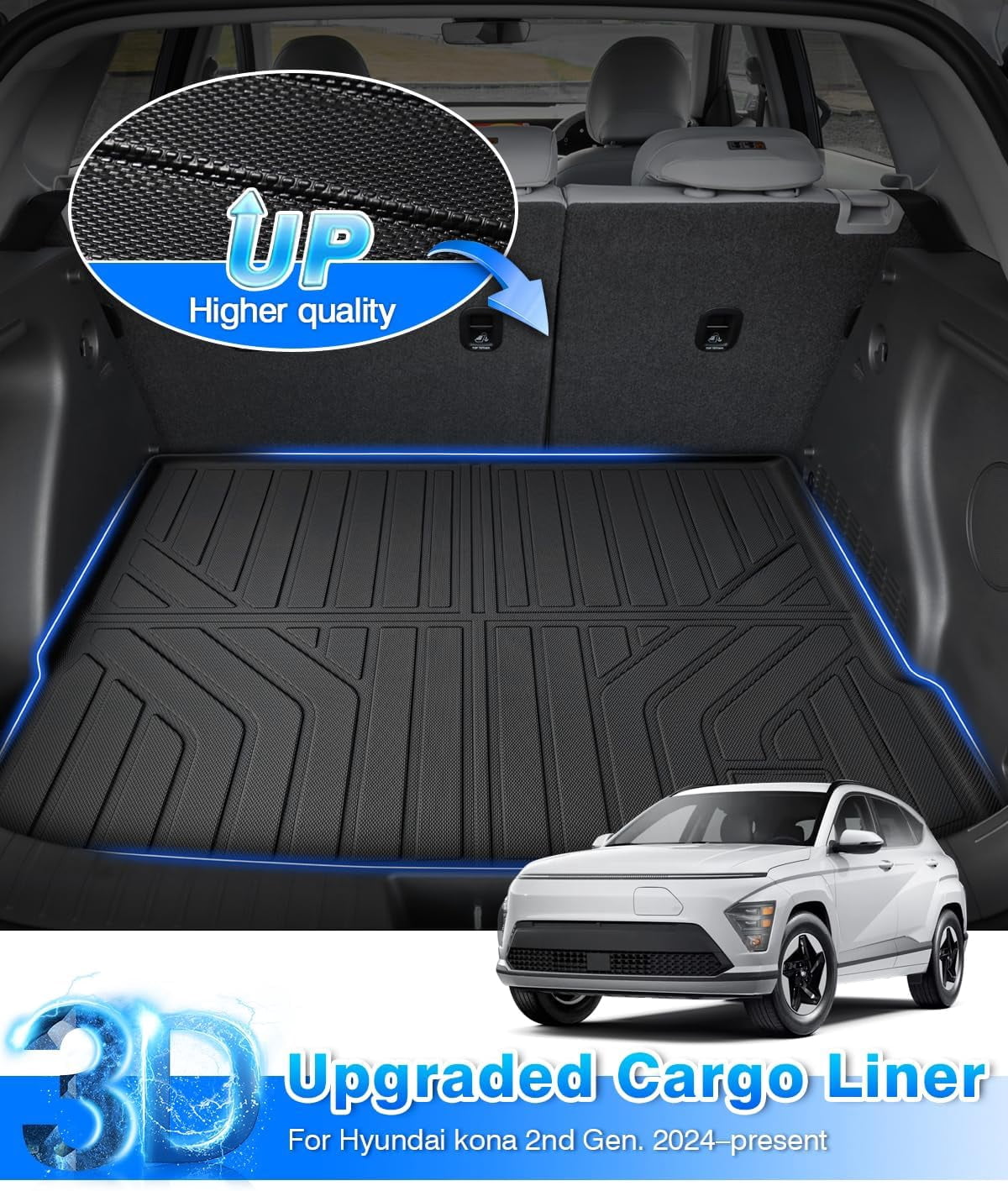Canvcle Floor Mats and Cargo Liner Fit for Hyundai Kona 2024 2025 (No Electric Model) Limited | N Line | SE | SEL Accessories All Weather TPE 1st & 2nd Row Car Rear Trunk Mats