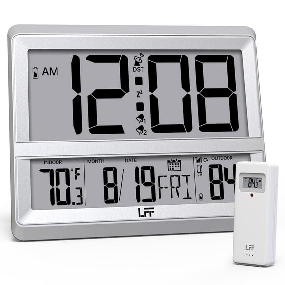 LFF Atomic Clock Large Display, Digital Wall Clock with Indoor Outdoor Temperature and Date, Wireless Outdoor Sensor, Digital Desk Alarm Clock Battery Operated for Bedroom, Easy to Read