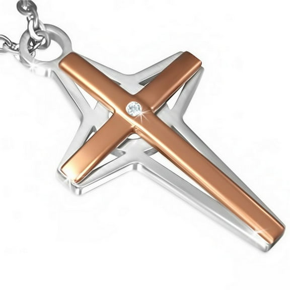 Stainless Steel Two-Tone White CZ Mens Womens Cross Pendant Necklace