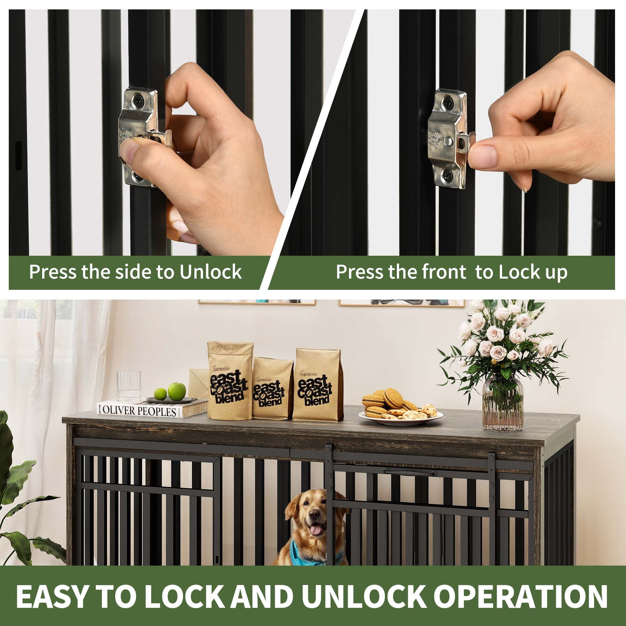 Uforic 55'' W Double Dog Crate Furniture With Sliding Barn Doors & Bowl,Indoor Furniture Style Wooden Large Dog Kennel