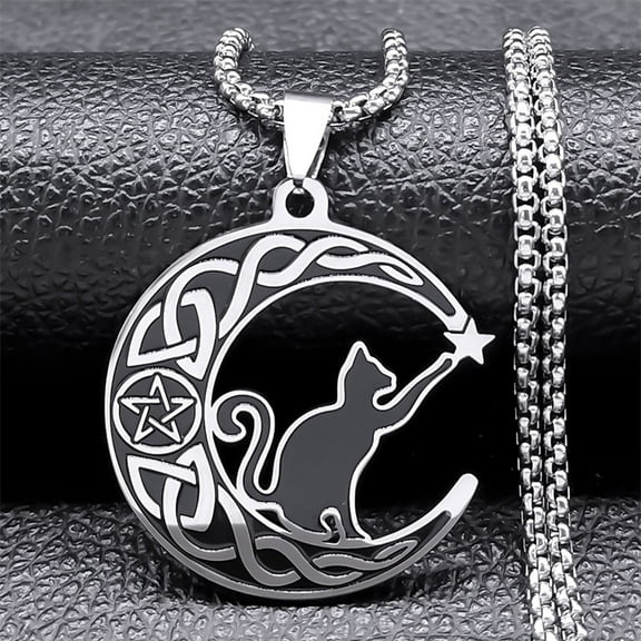 Cat Crescent Moon Knot Star Chain Necklace for Women Men 14K White Gold Silver Color Pentagram Necklaces Jewelry
