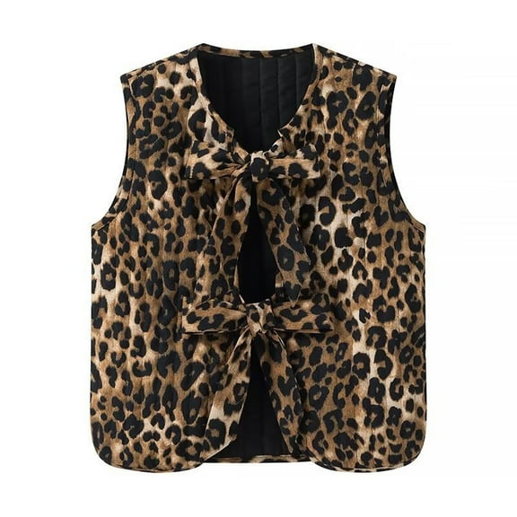 Aojekbee Women's Leopard Print Waistcoat Bowknot Front Sleeveless V-Neck Vest Casual Jacket Cardigan