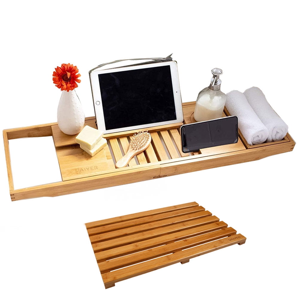 Vaiyer Set of 2 Bamboo Bath Set, Includes Extendable Bath Tray, Caddy