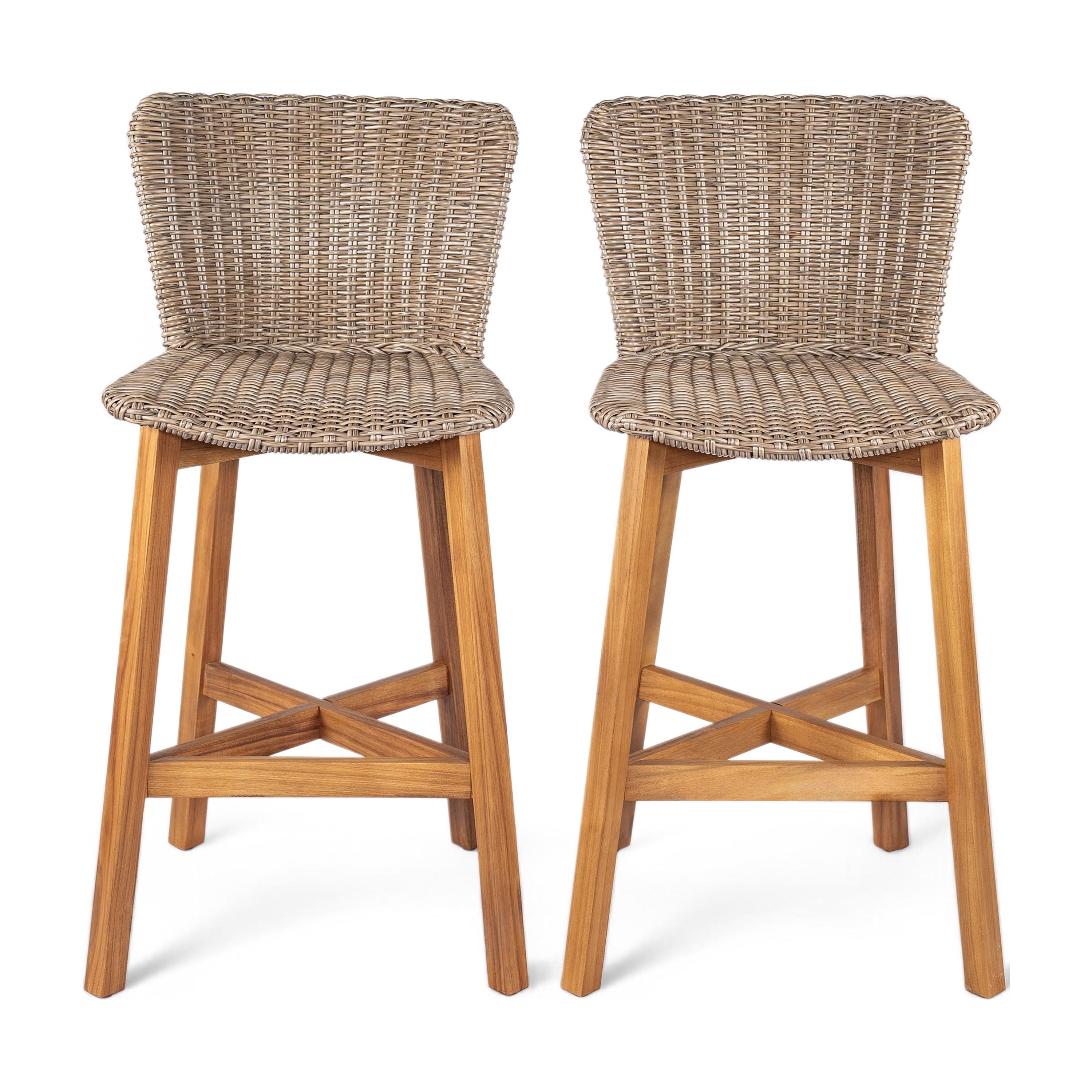 Outdoor Wood Wicker Bar Stools Set of 2 for Patio Bar, Teak