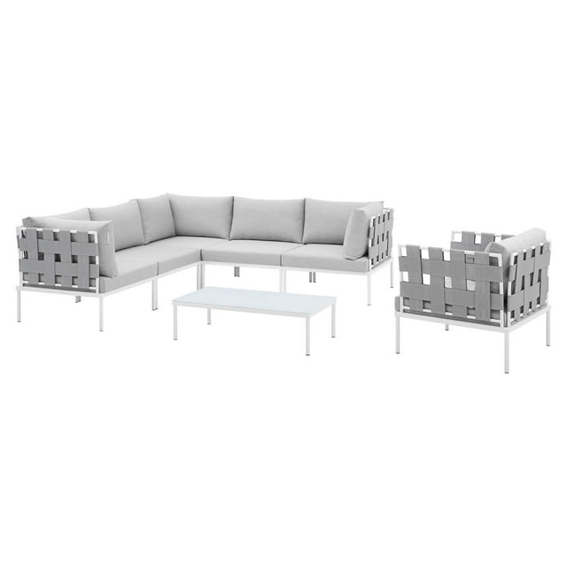Lounge Sectional Sofa Chair Table Set, Sunbrella, Aluminum, Metal, Steel, Grey Gray, Modern Contemporary Urban Design, Outdoor Patio Balcony Cafe Bistro Garden Furniture Hotel Hospitality