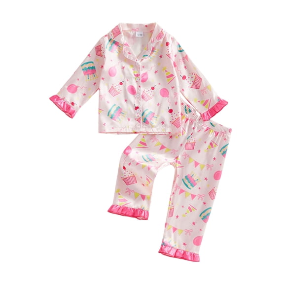 Cjfdfy Toddler Baby Girl Birthday Pajamas Set Long Sleeve Balloon Cake Print Shirt Pants Cute Kids Girls First Birthday Outfit Fall Pajamas Kids Girls Sleepwear 1-7Y 